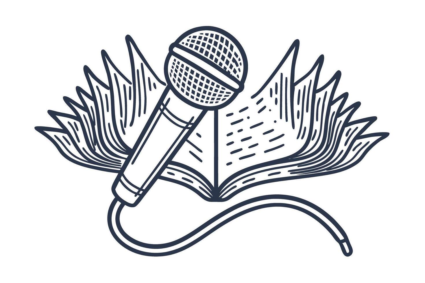 Open book and microphone illustration symbolizing literature, performance, spoken word and creative storytelling vector