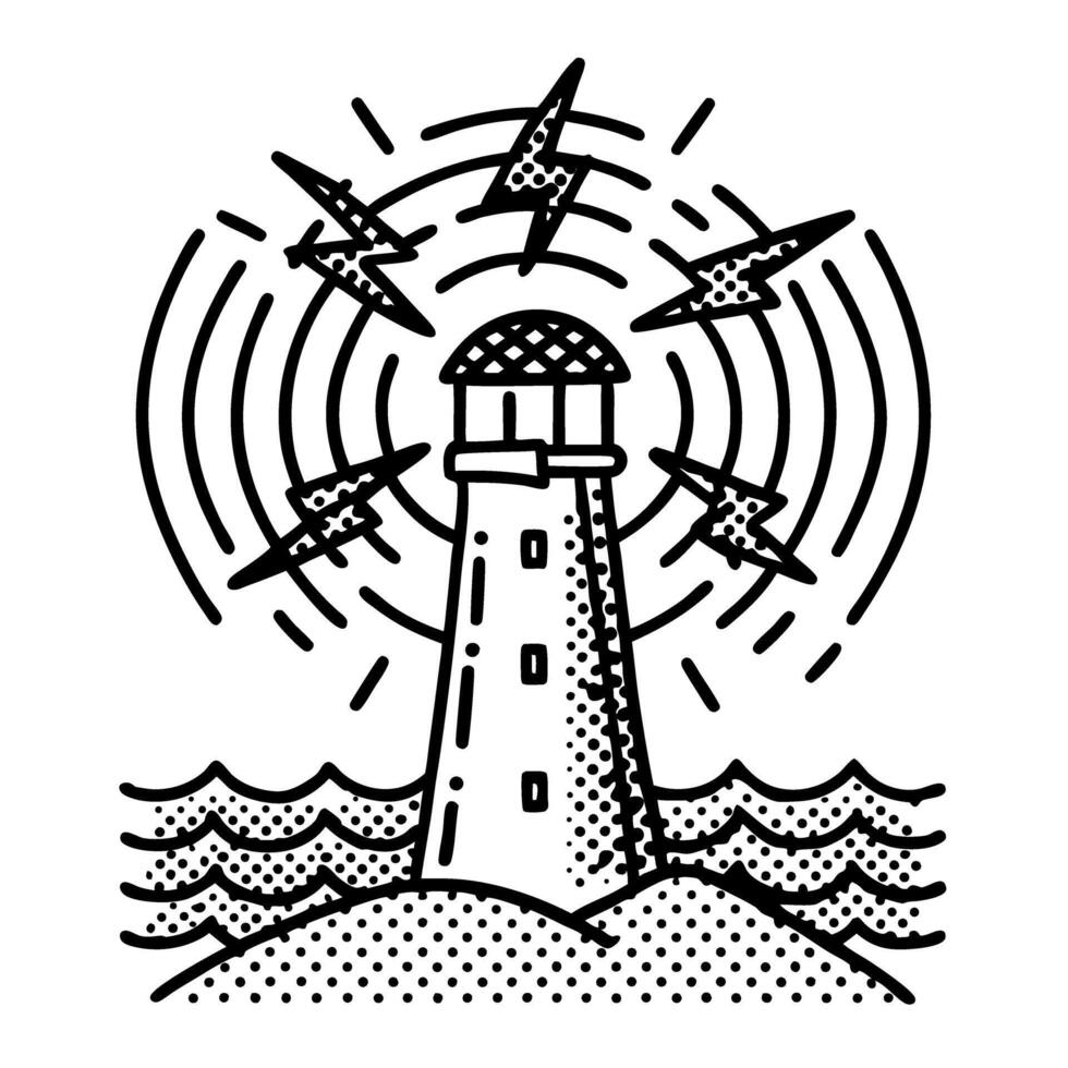 Lighthouse beacon emitting signal waves guiding tower on rocky shore with stylized ocean and lightning bolts vector