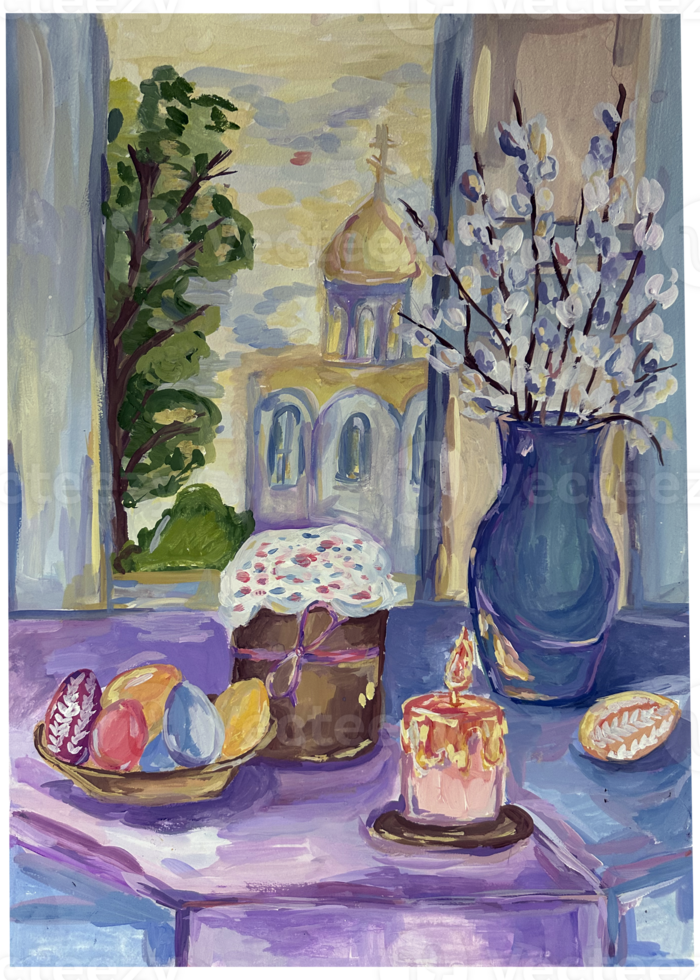 Easter still life with willow in a vase. Still life with a bouquet of flowers. Gouache painting. png