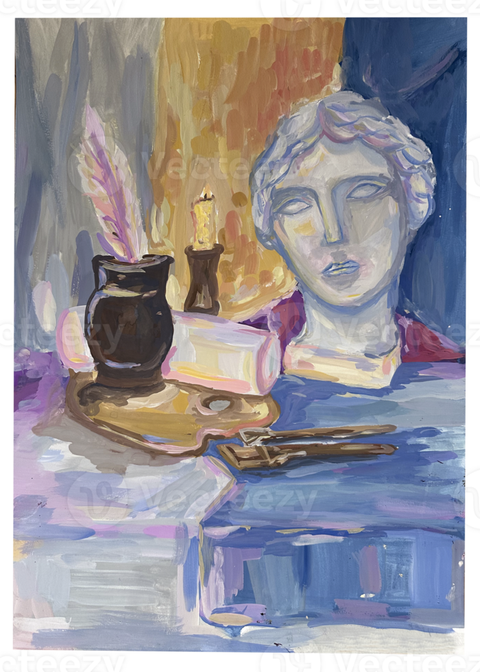 Still life with pot, a pitcher and some drapery. Traditional painting on paper png