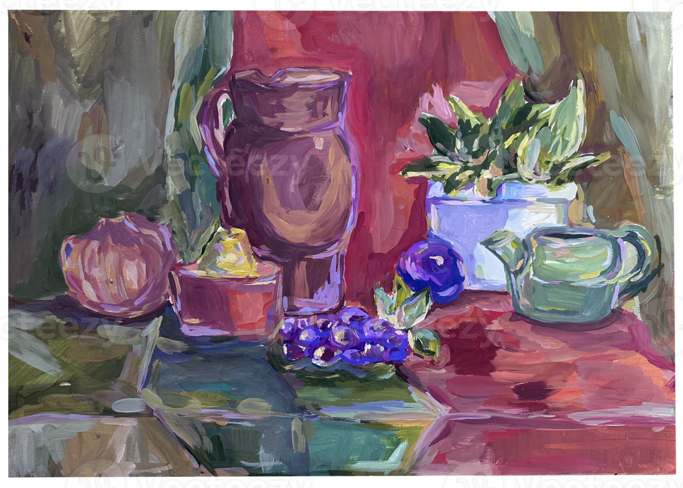 Still life with fruit, a pitcher and some drapery. Traditional painting on paper png