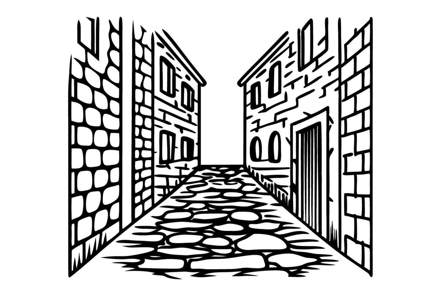 Narrow cobblestone alleyway with old stone buildings, empty street, historical architecture, hand drawn outline vector