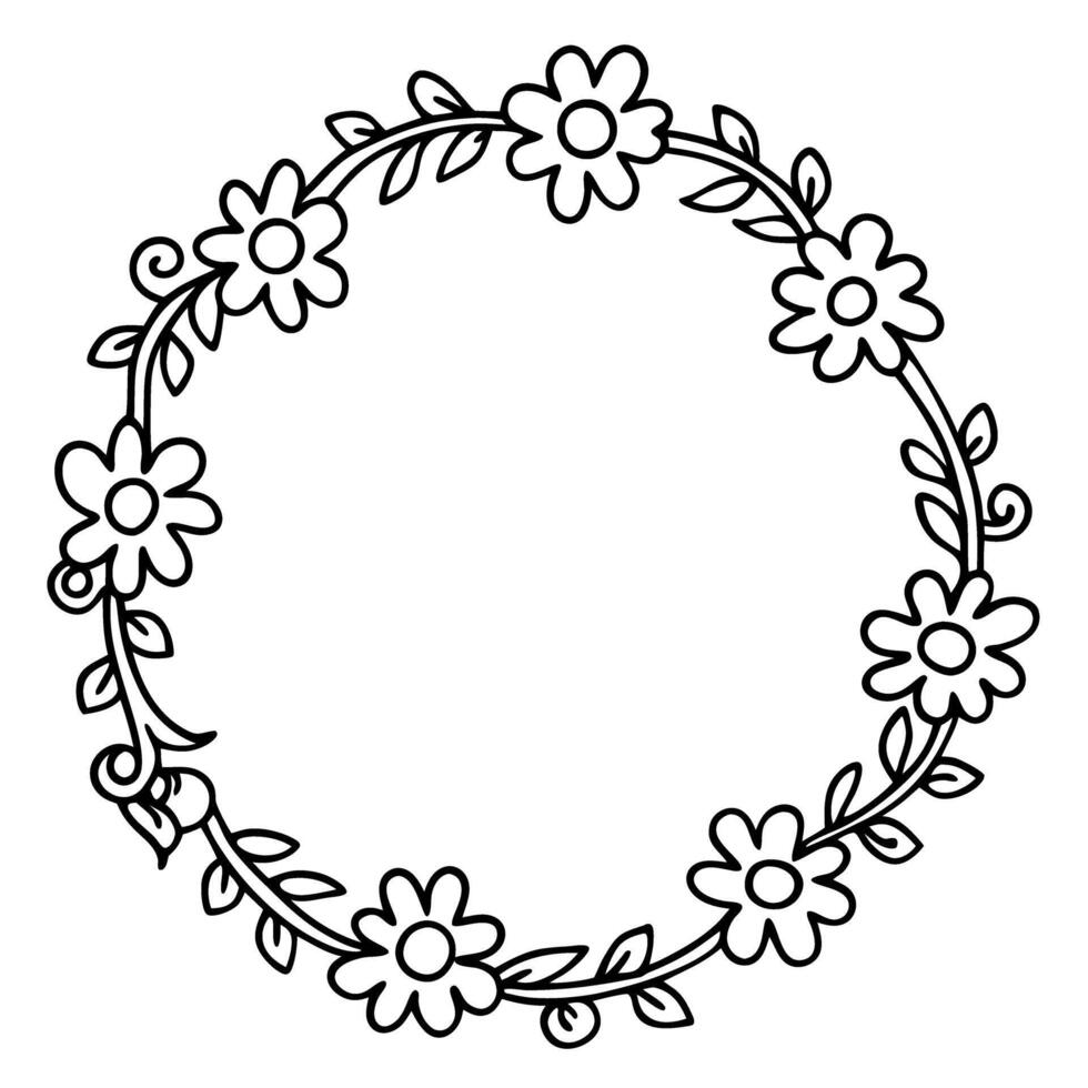 Floral wreath outline circle frame with blooming flowers and leaves, elegant botanical border design for decoration vector