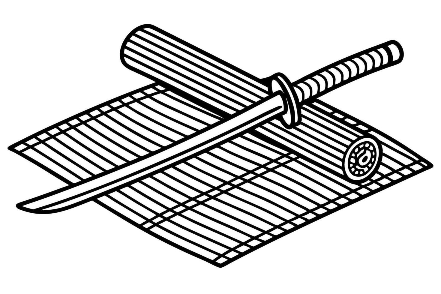 Traditional katana sword on bamboo sushi rolling mat japanese martial arts, culture, craftsmanship object illustration vector