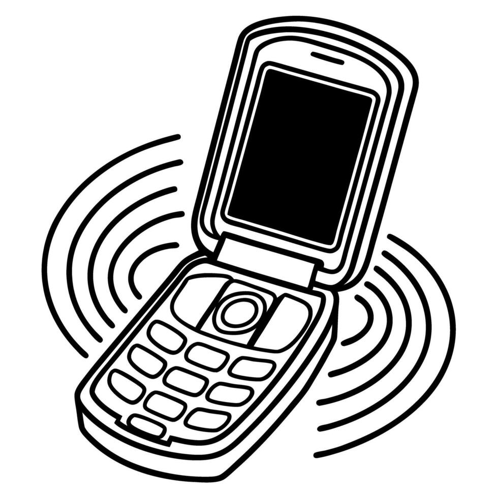 Old mobile flip phone ringing with vibration classic device technology, communication call alert concept vector