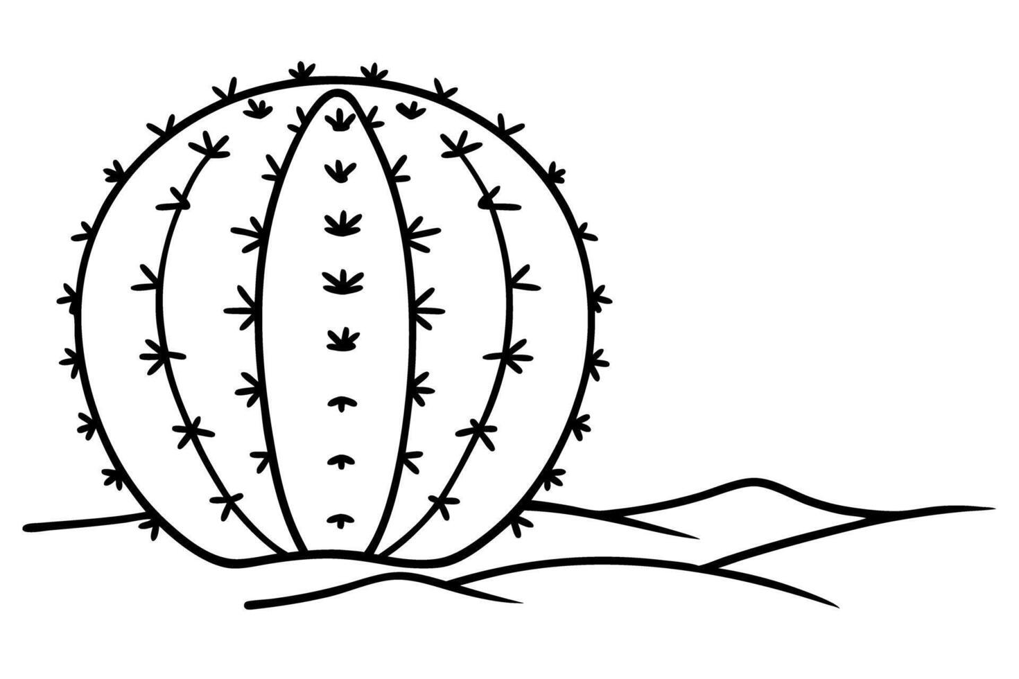 Round cactus desert illustration simple black line art of spherical succulent plant and sand in minimal vector