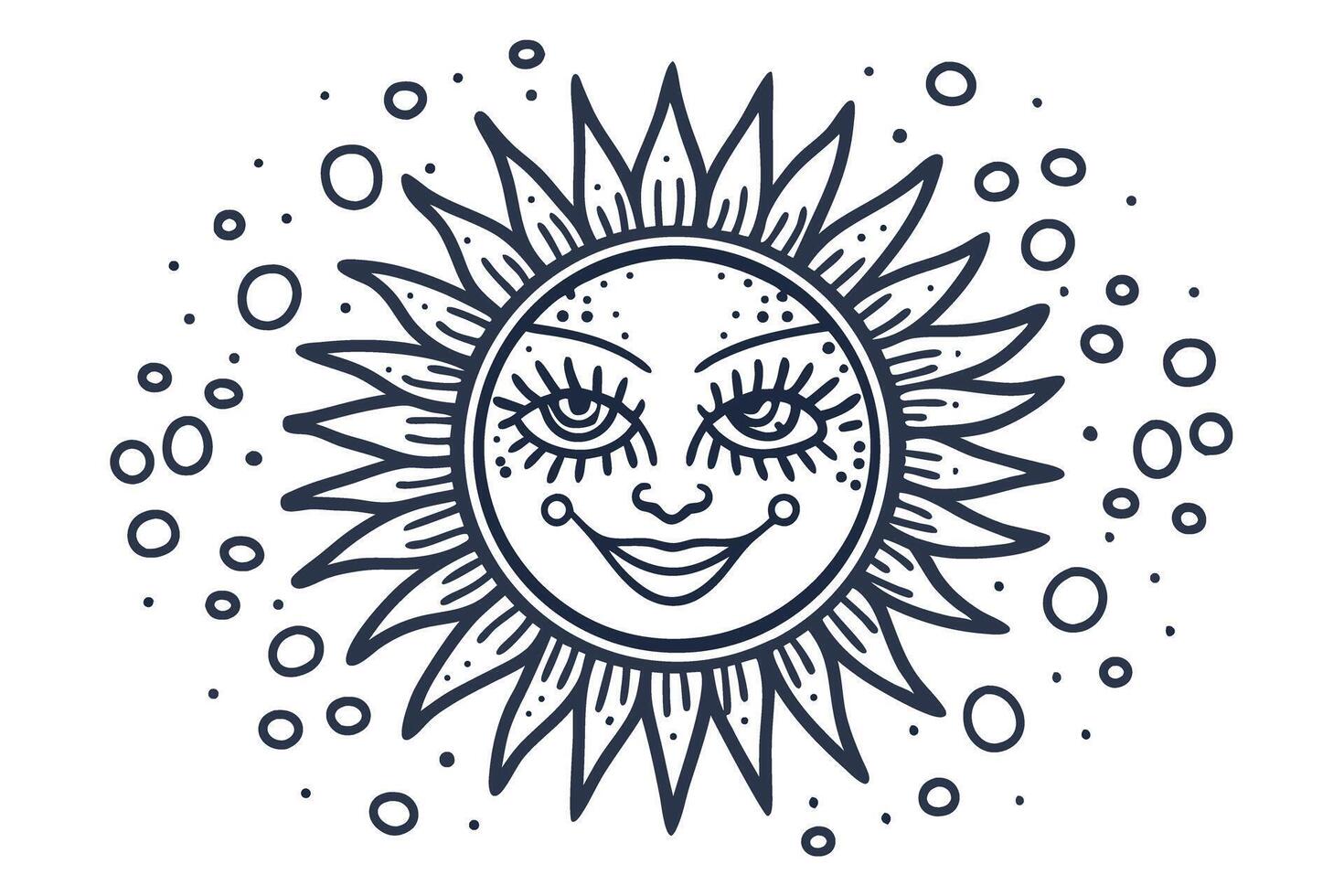 Smiling sun face surrounded by rays and decorative dots hand drawn celestial illustration, cosmic boho art vector