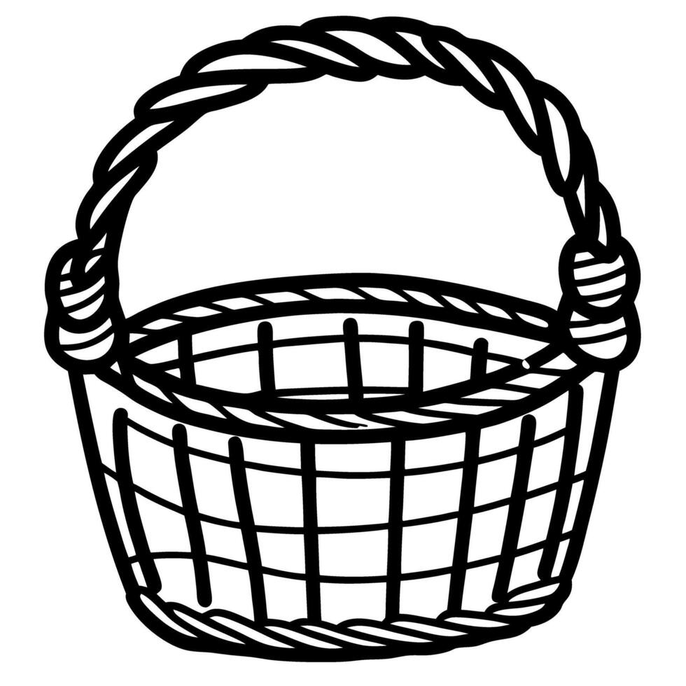 Empty woven basket with thick rope handle black outline illustration, simple rustic container for carrying goods vector