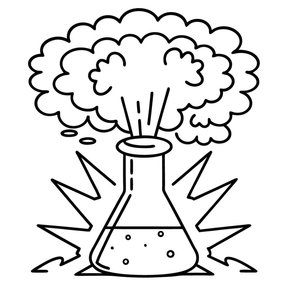 Chemistry experiment flask with bubbling liquid and explosive reaction, cloud of gas erupting above beaker vector