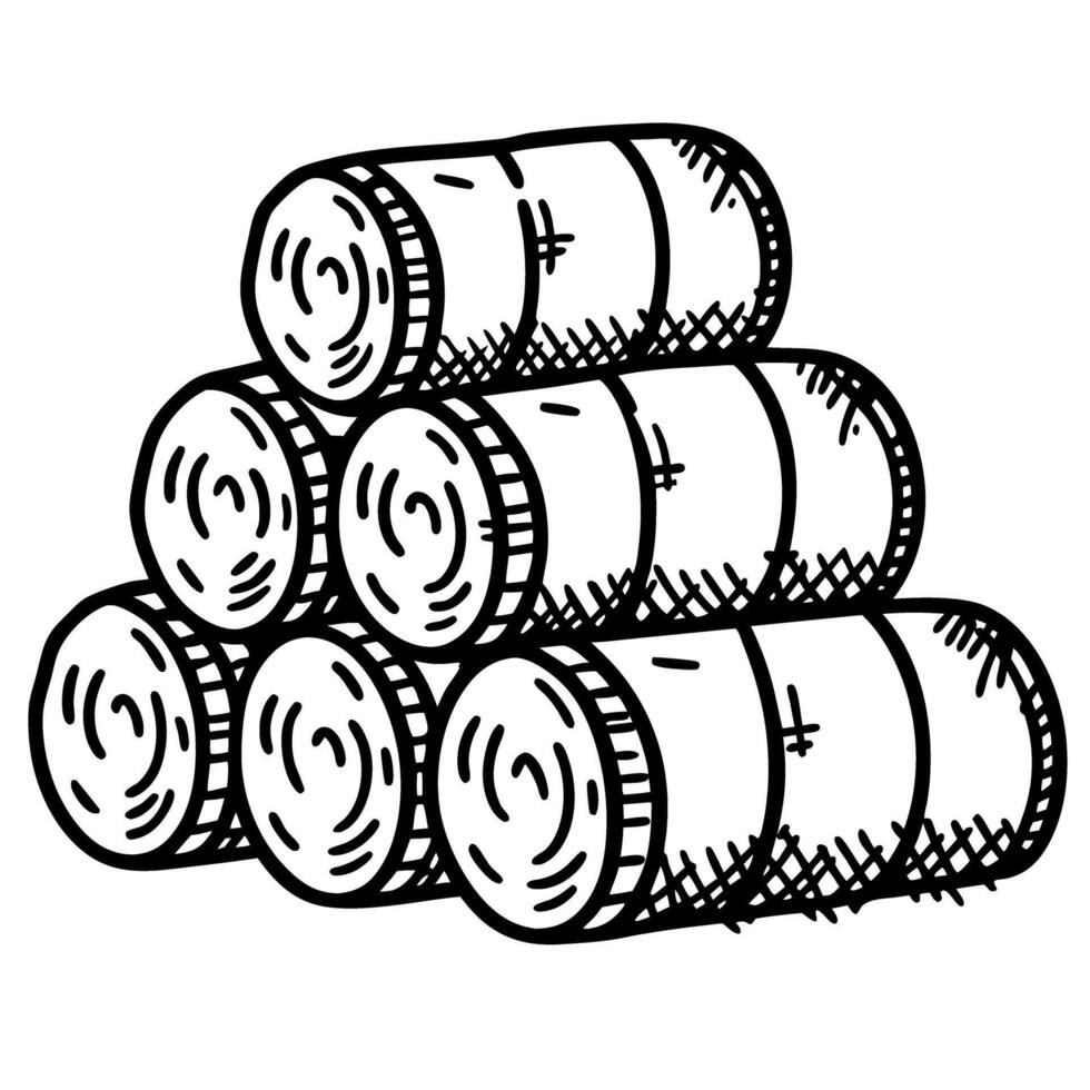 Stacked cylindrical hay bales in hand drawn sketch harvest concept, rural agriculture bundle illustration vector