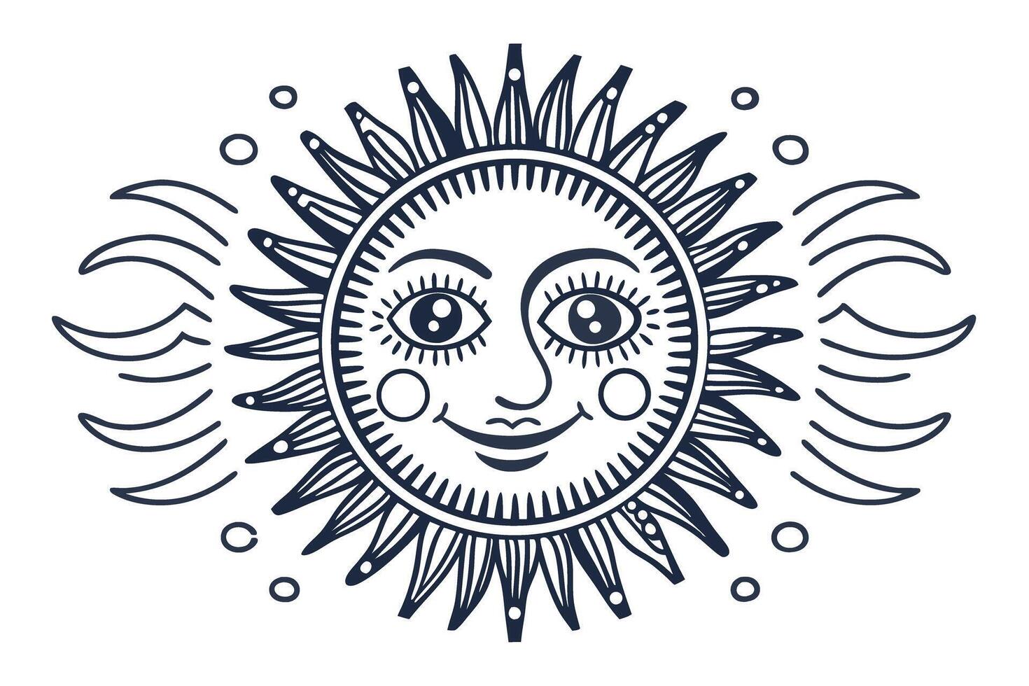 Smiling sun face with decorative rays and whimsical wavy lines celestial vintage illustration, bohemian motif vector