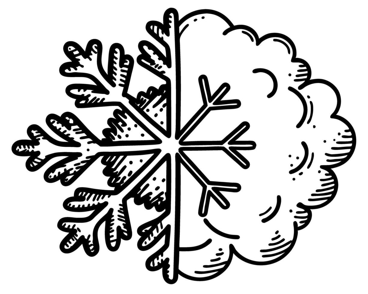 Half snowflake and half cloud illustration winter weather, climate, and seasonal transition symbol in black and white vector