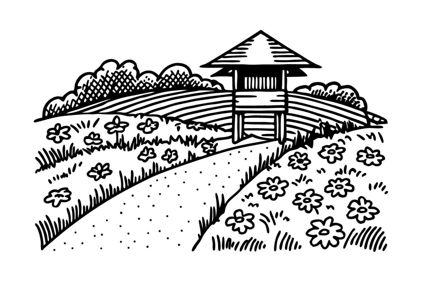 Watchtower on countryside hill with path and wildflowers rural landscape, bushes, and fields in spring scene vector