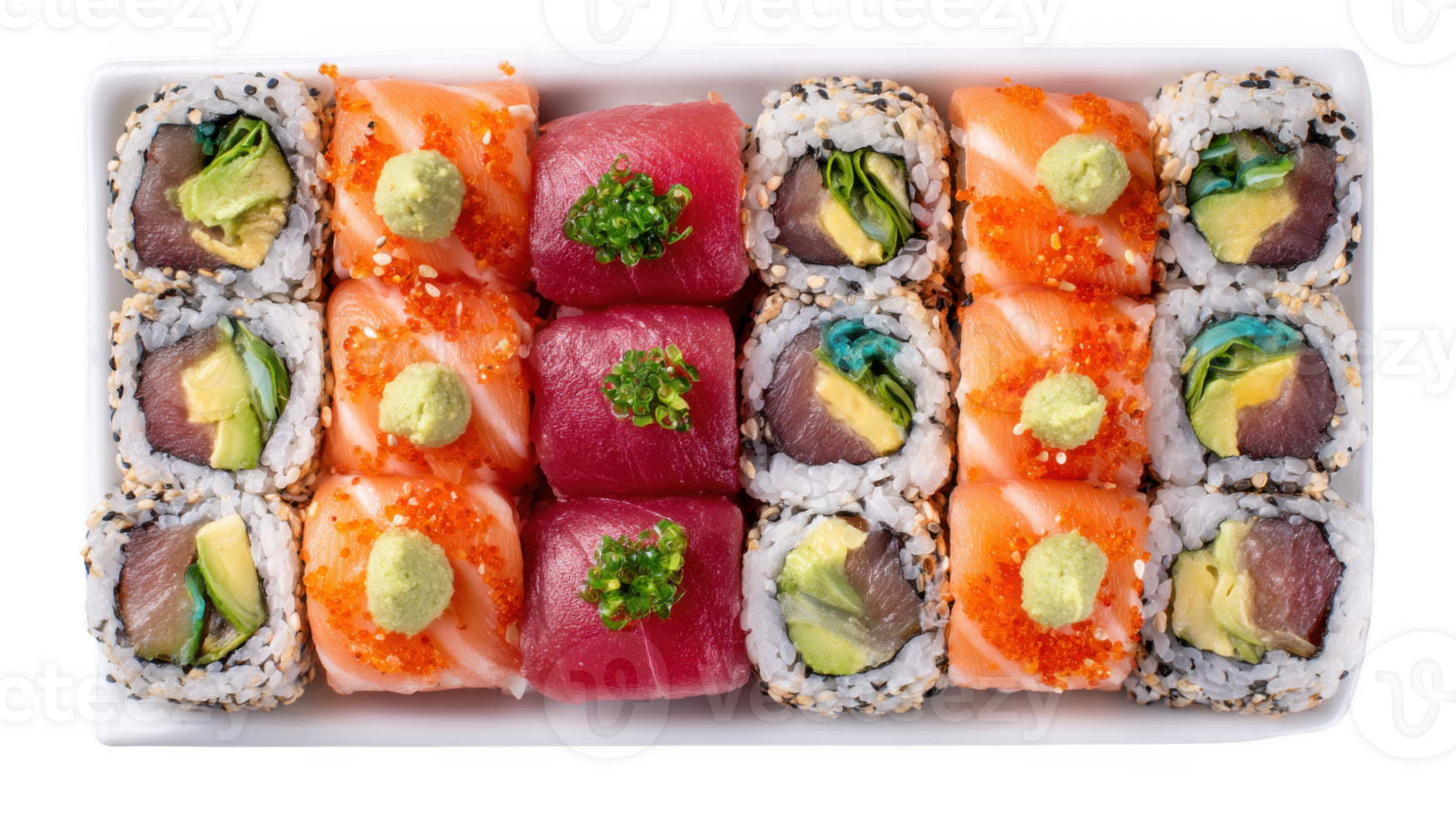 Sushi rolls with tuna, salmon, and avocado, isolated on transparent background png