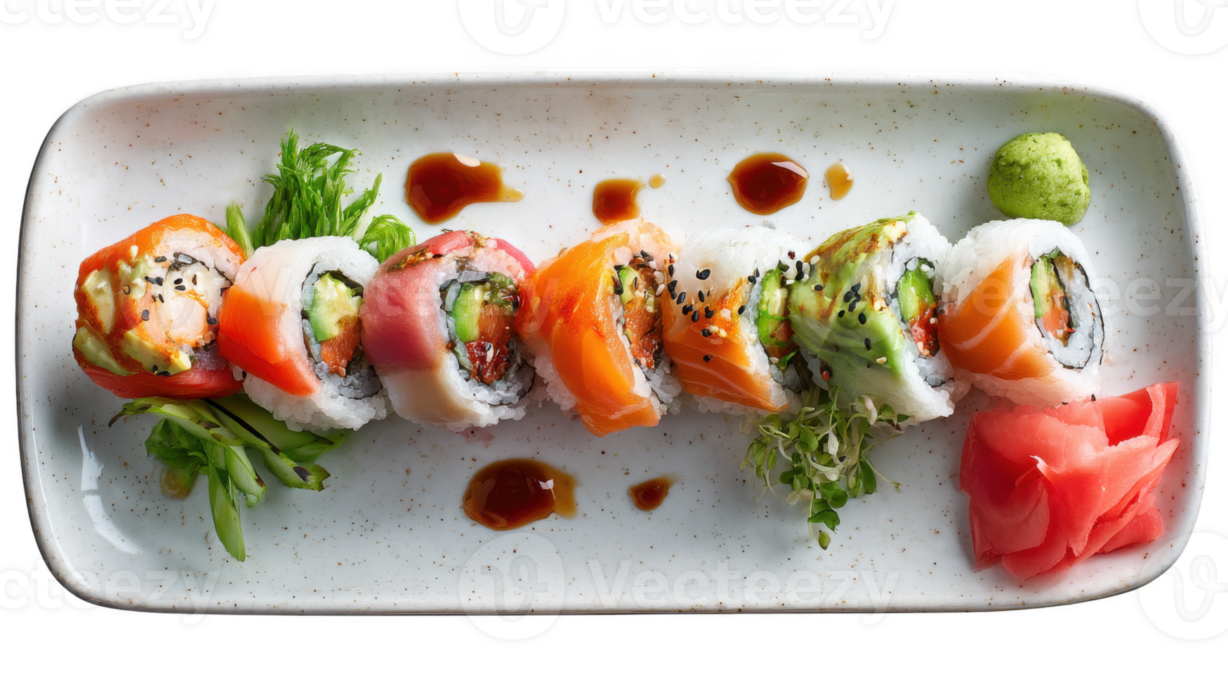Colorful sushi roll assortment isolated on transparent background, png