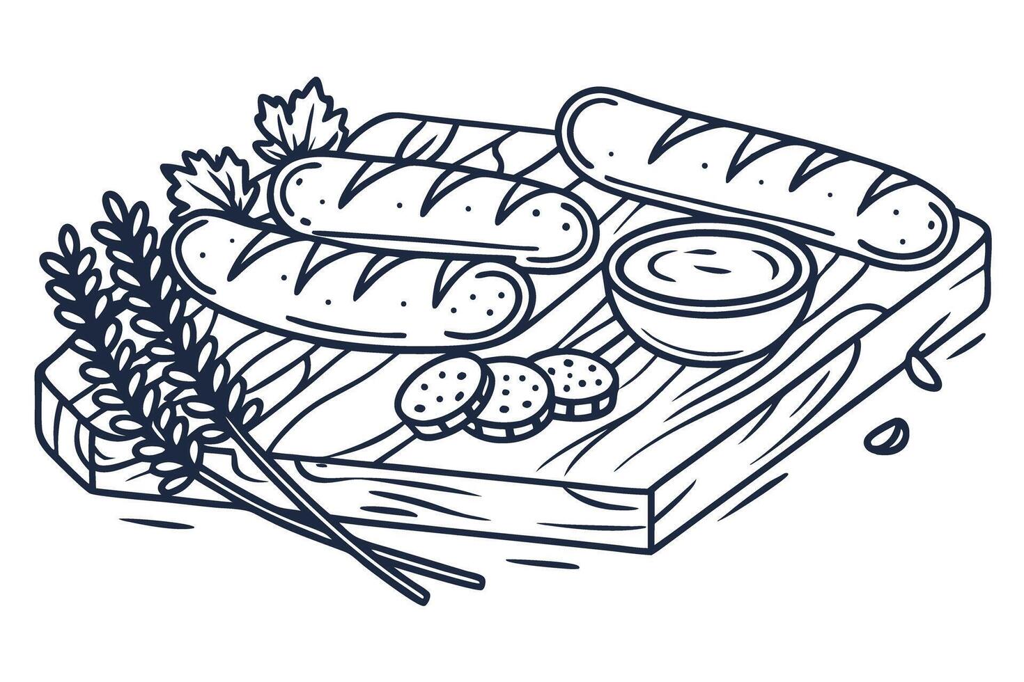 Fresh baguettes, herbs and dipping sauce on wooden board hand drawn rustic bread meal illustration vector