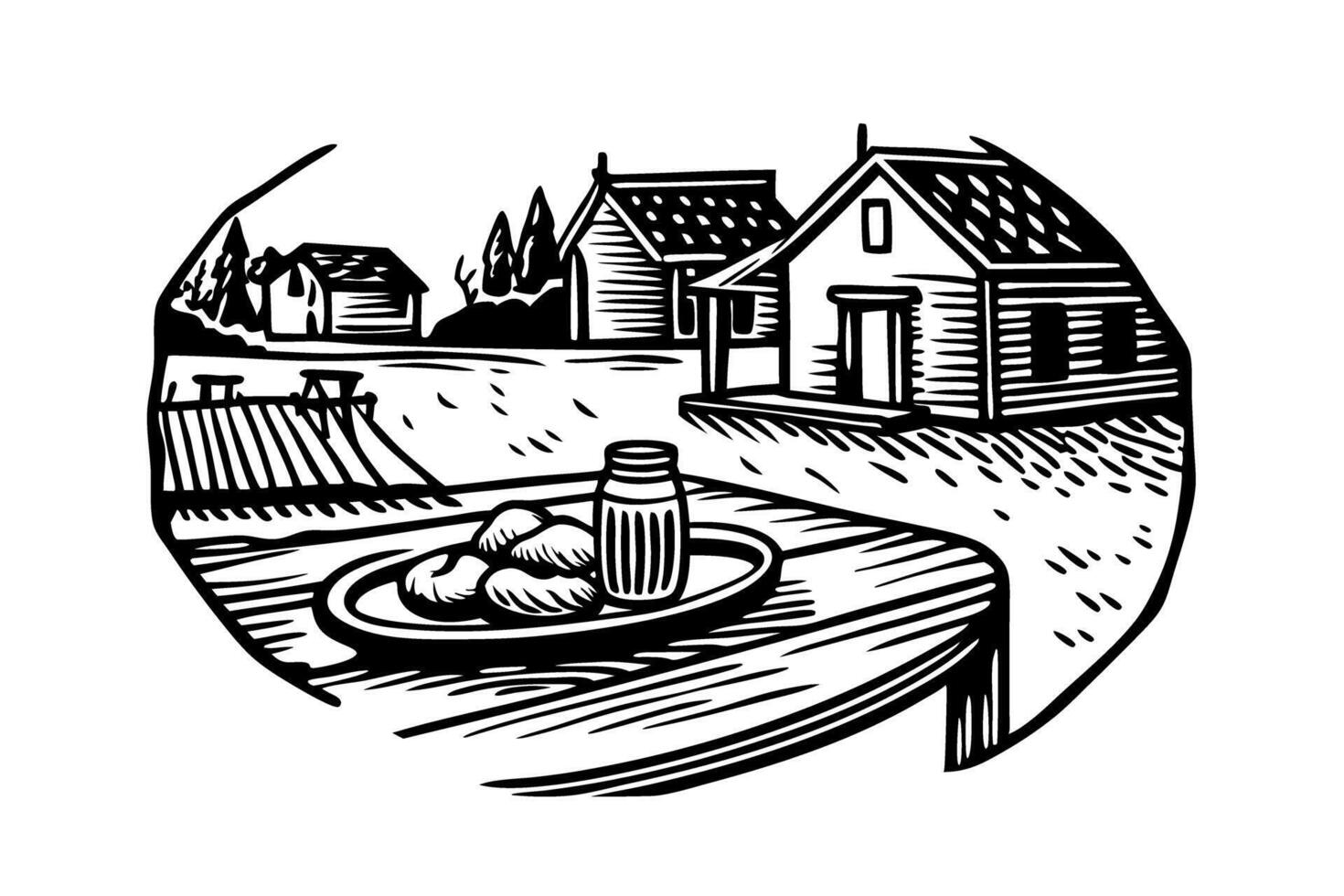 Plate of biscuits and jar of jam on rustic wooden table in countryside village scene, black and white illustration vector