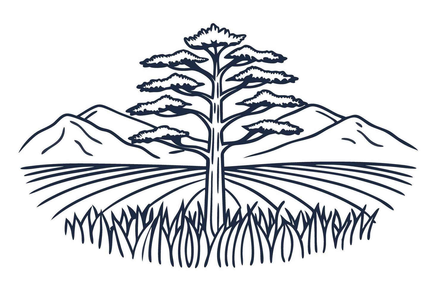 Lone tree with branches in front of mountains and fields minimalist line art nature landscape illustration vector