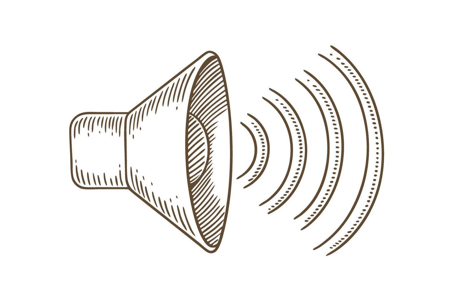 Hand drawn speaker with sound waves audio communication, volume signal, broadcasting, technology, vintage icon vector