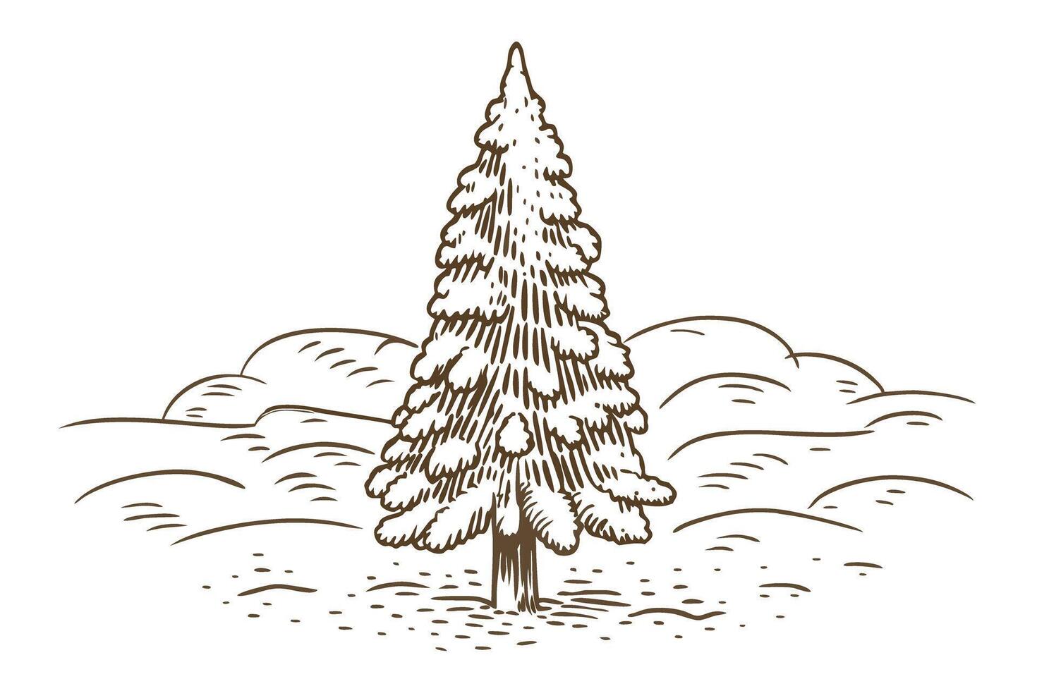 Snow covered evergreen tree winter landscape with pine in sketch style, snowy field, hand drawn illustration vector