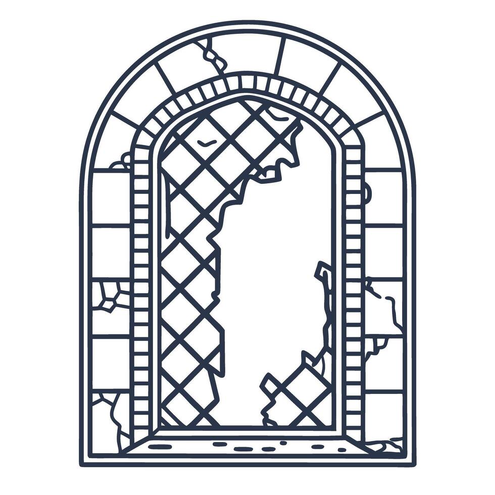 Old arched window with cracked glass and damaged brick frame vintage architectural ruin, broken masonry vector
