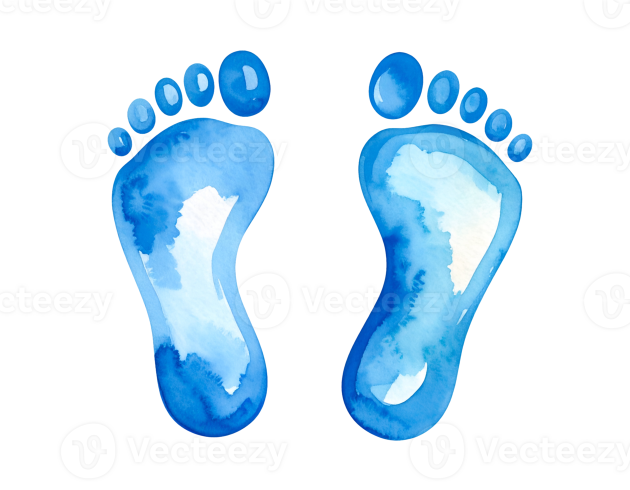 blue watercolor footprints illustration, cute and minimal style showing human barefoot step symbol, soft paint texture, on isolated background png
