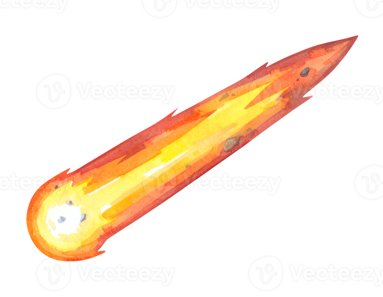 watercolor flaming meteor flying through space, cute and minimal burning rock illustration with long fire trail, on isolated background png