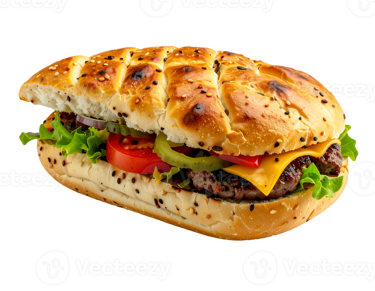 delicious grilled sandwich with sesame bun, plant-based patty, fresh vegetables, and cheddar cheese on isolated background png