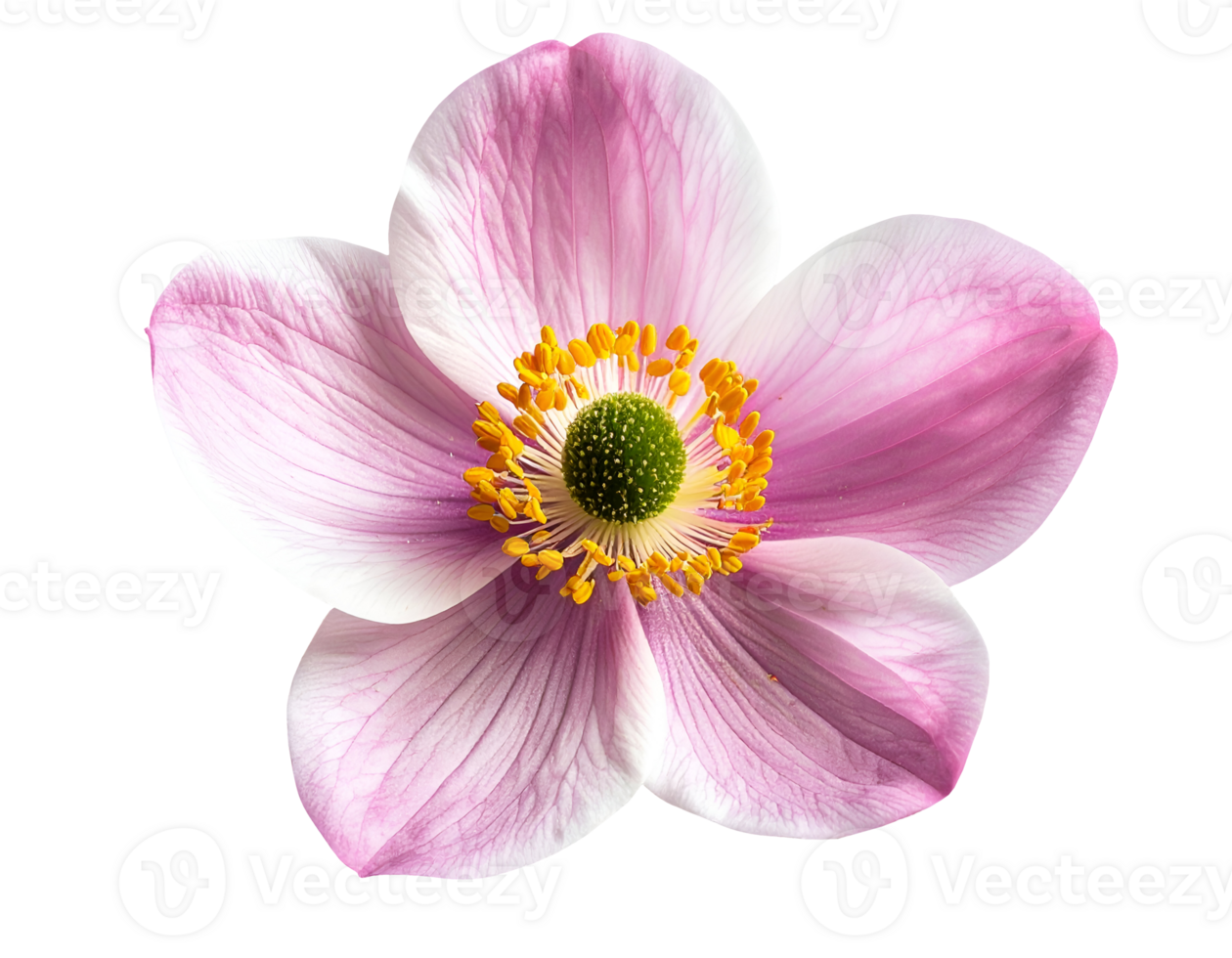 single pink mountain anemone flower with yellow stamens on isolated background for floral decoration and botanical design png