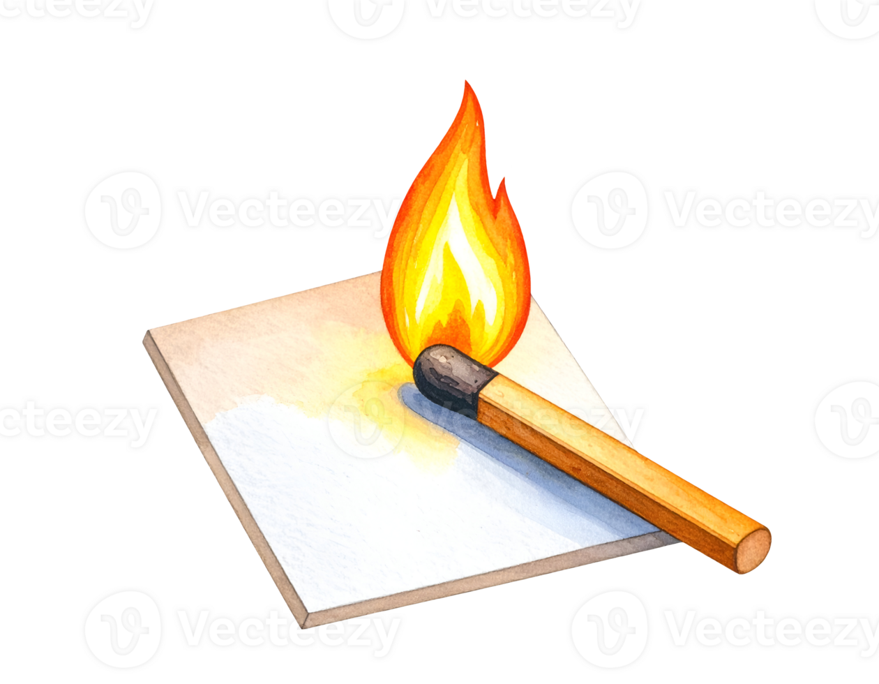 burning matchstick on paper illustration in cute watercolor style, minimal design with glowing flame and wood texture, on isolated background png