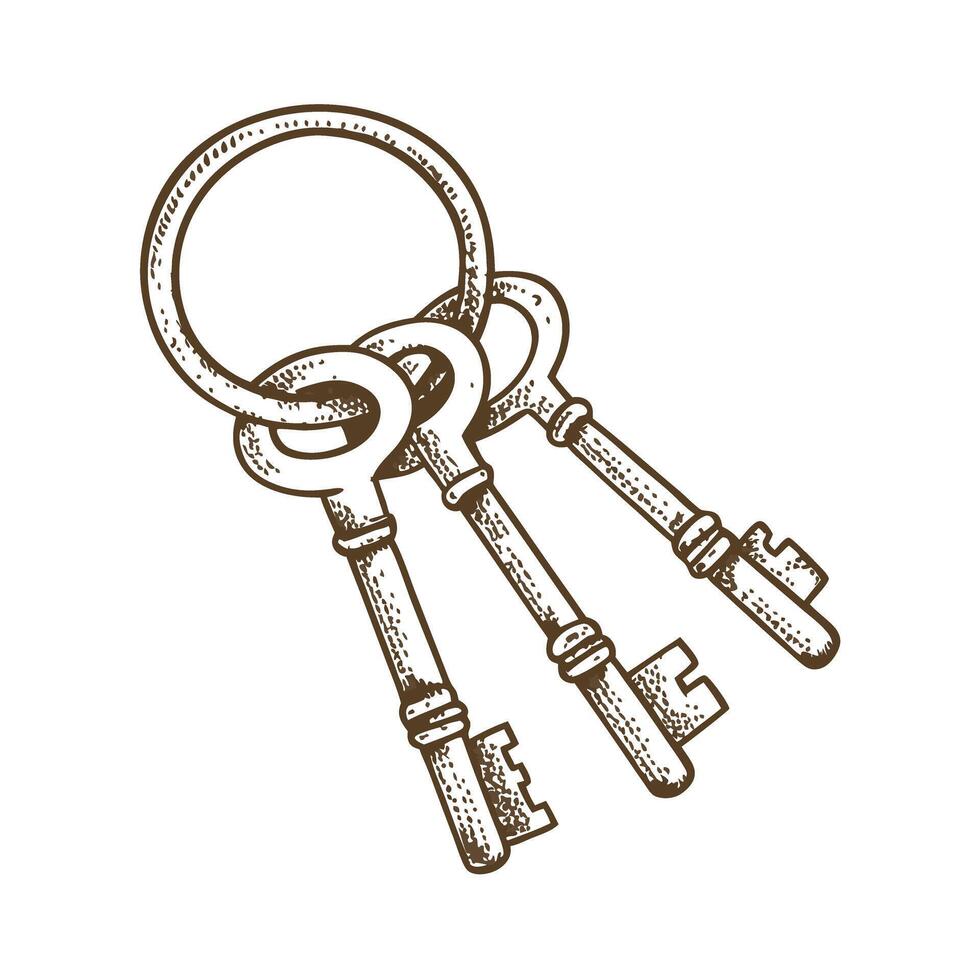 Vintage iron skeleton keys on metal ring antique security objects, old fashioned access tools, retro home concept vector