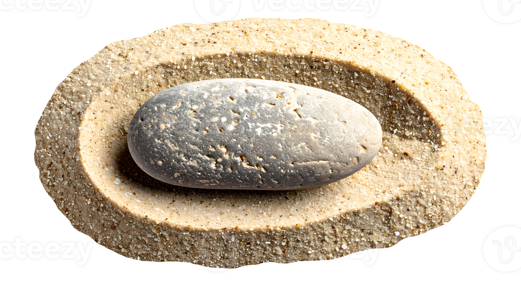 smooth grey river pebble with natural texture resting on sandy surface, zen stone or beach balance concept, on isolated background png