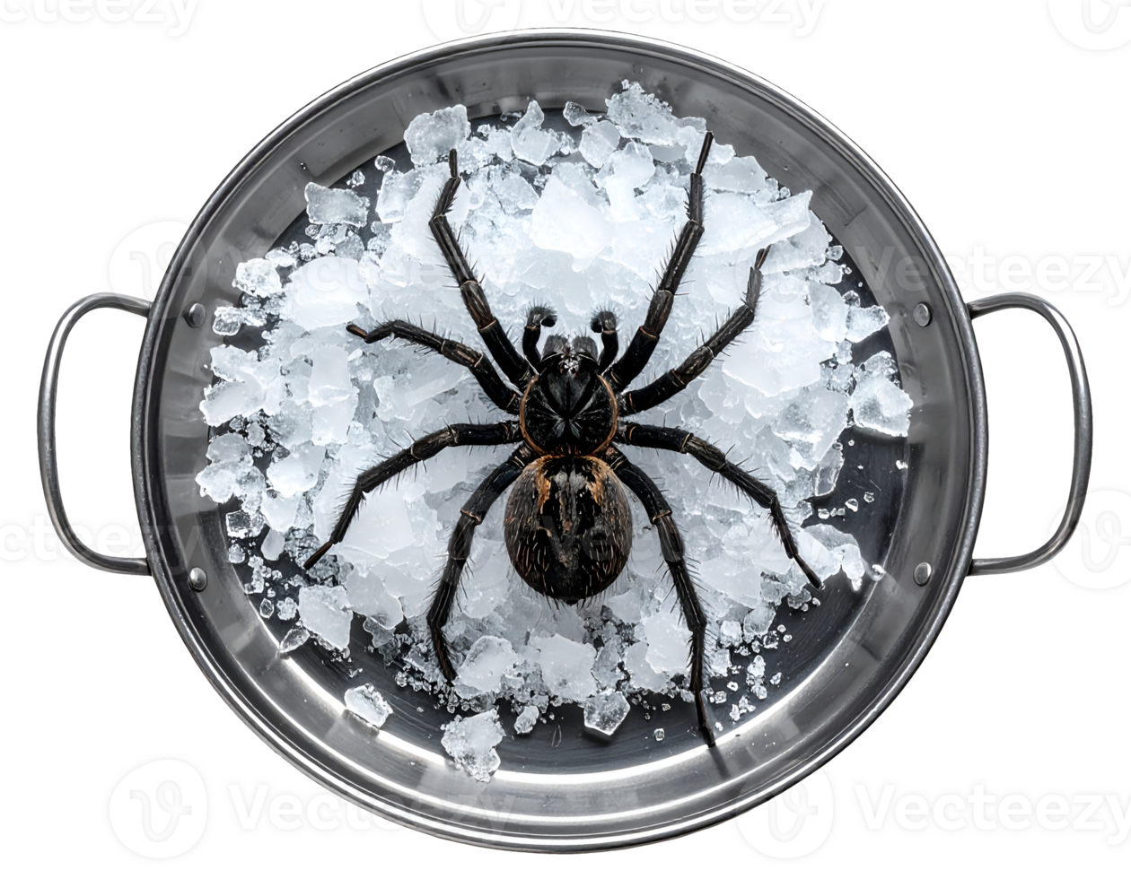 large spider on crushed ice in round stainless steel tray with handles, concept of exotic preservation or dark symbolism, on isolated background png
