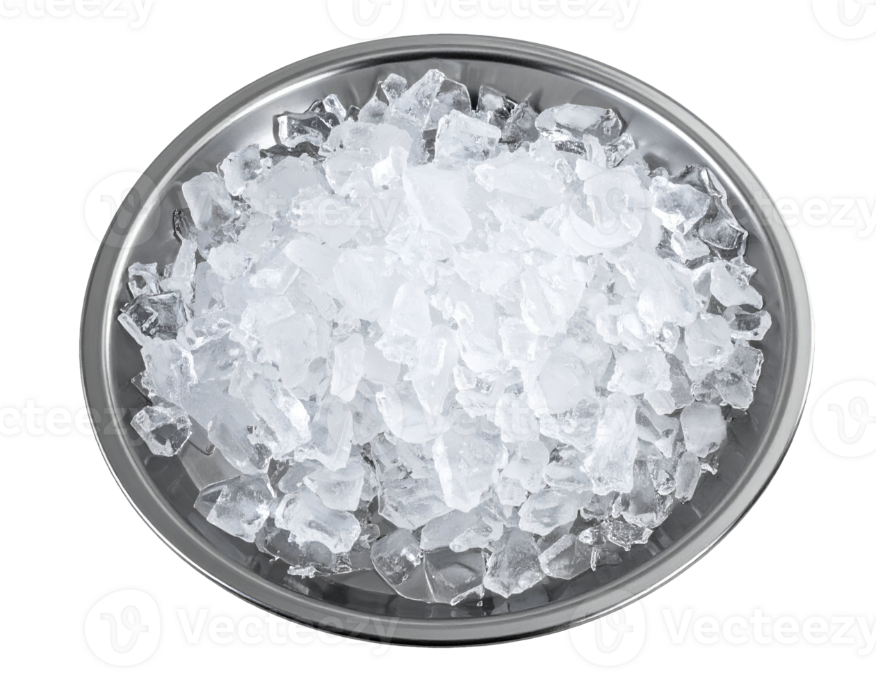 top view of crushed cube ice on stainless steel tray with realistic texture and clean lighting on isolated background png