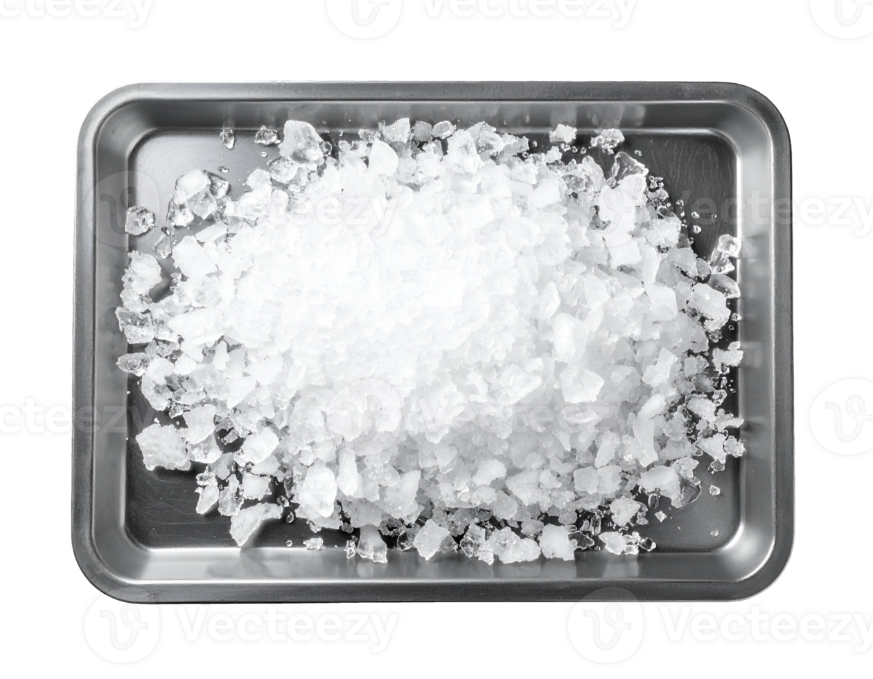 top view of crushed ice pile on stainless steel tray for food chilling or beverage preparation on isolated background png