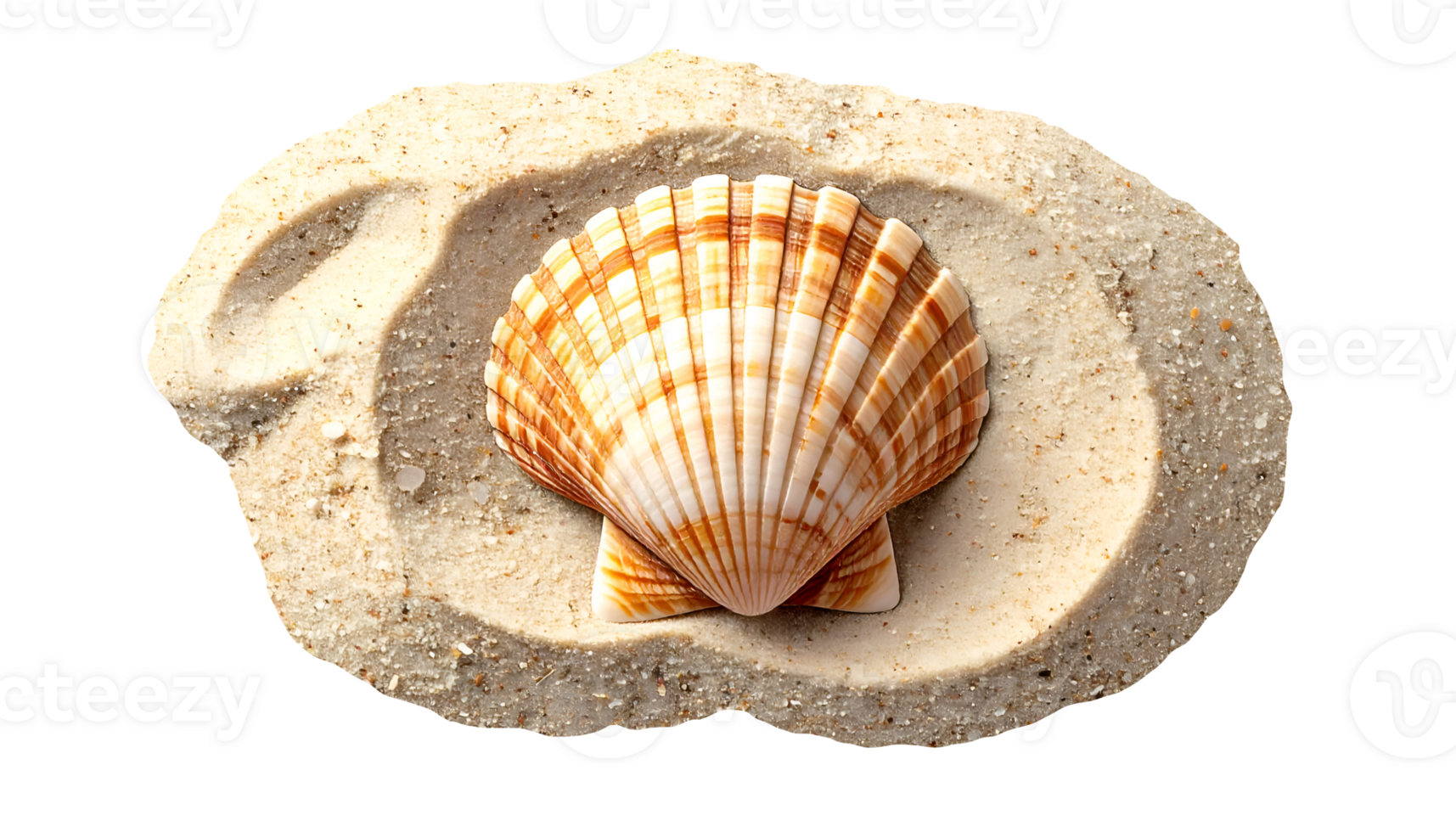 realistic scallop seashell with striped brown and cream pattern resting on sand, tropical beach decoration and nature concept, on isolated background png