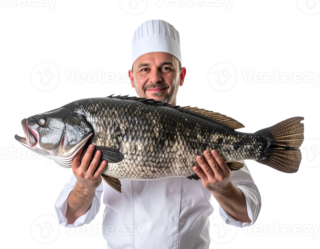 smiling caucasian chef in white uniform and hat holding a giant snakehead fish with both hands, fresh exotic seafood for gourmet cooking, on isolated background png