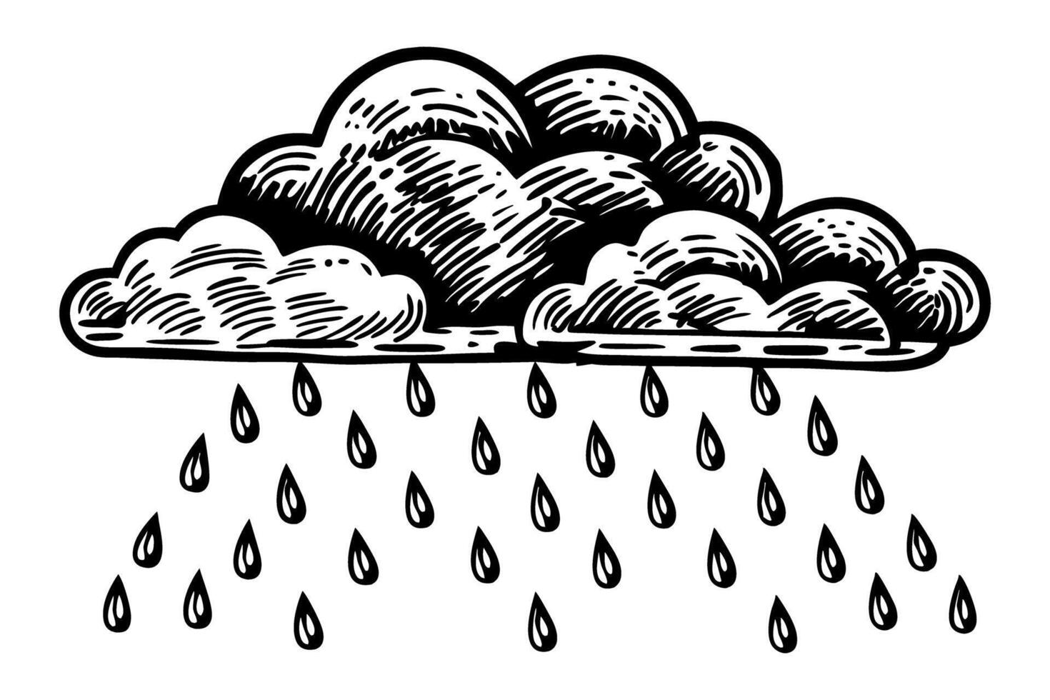 Black and white illustration of rain cloud with falling raindrops hand drawn doodle weather element, storm nature concept vector