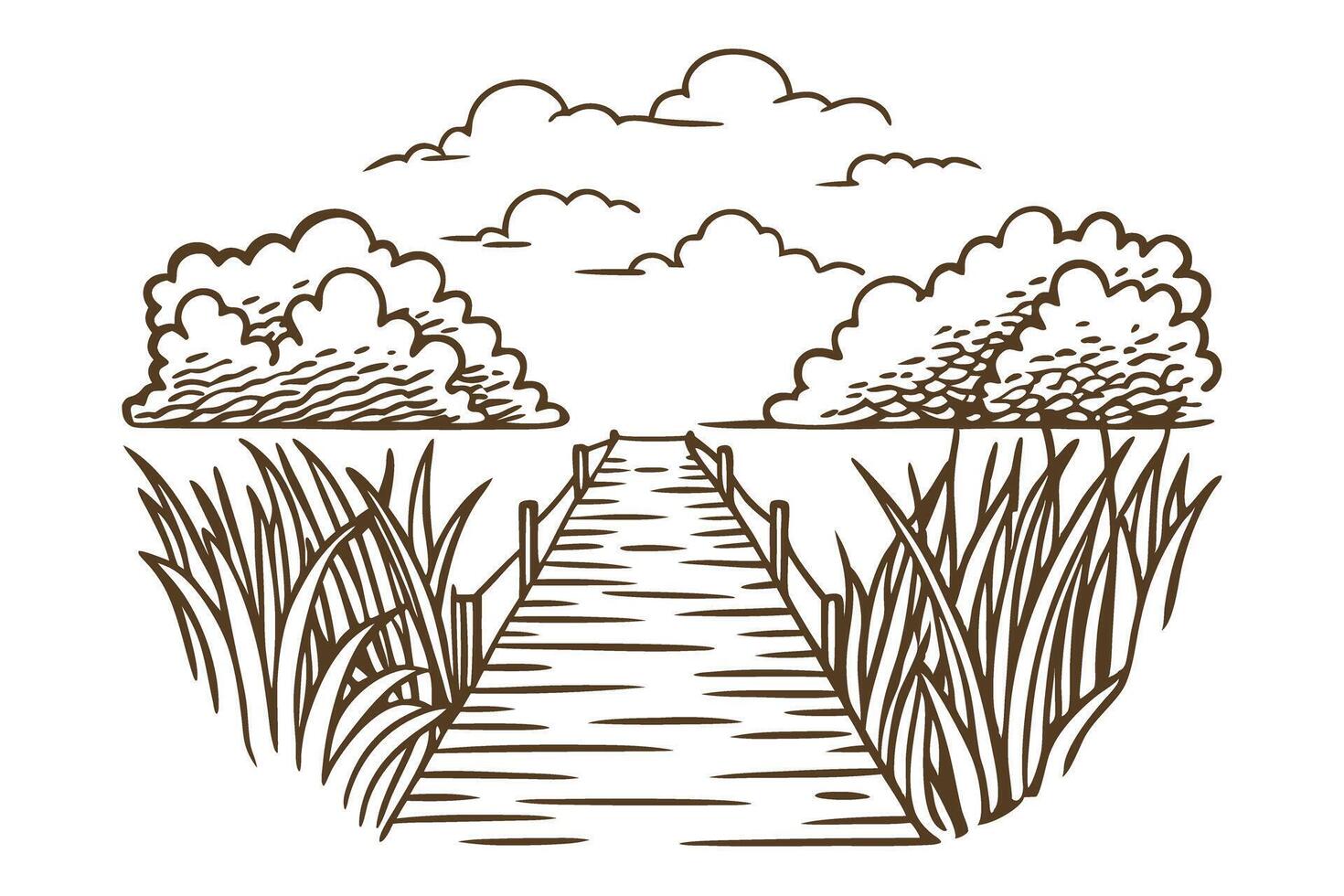 Wooden pier extending over calm lake, surrounded by tall grasses and lush bushes under cloudy sky illustration vector