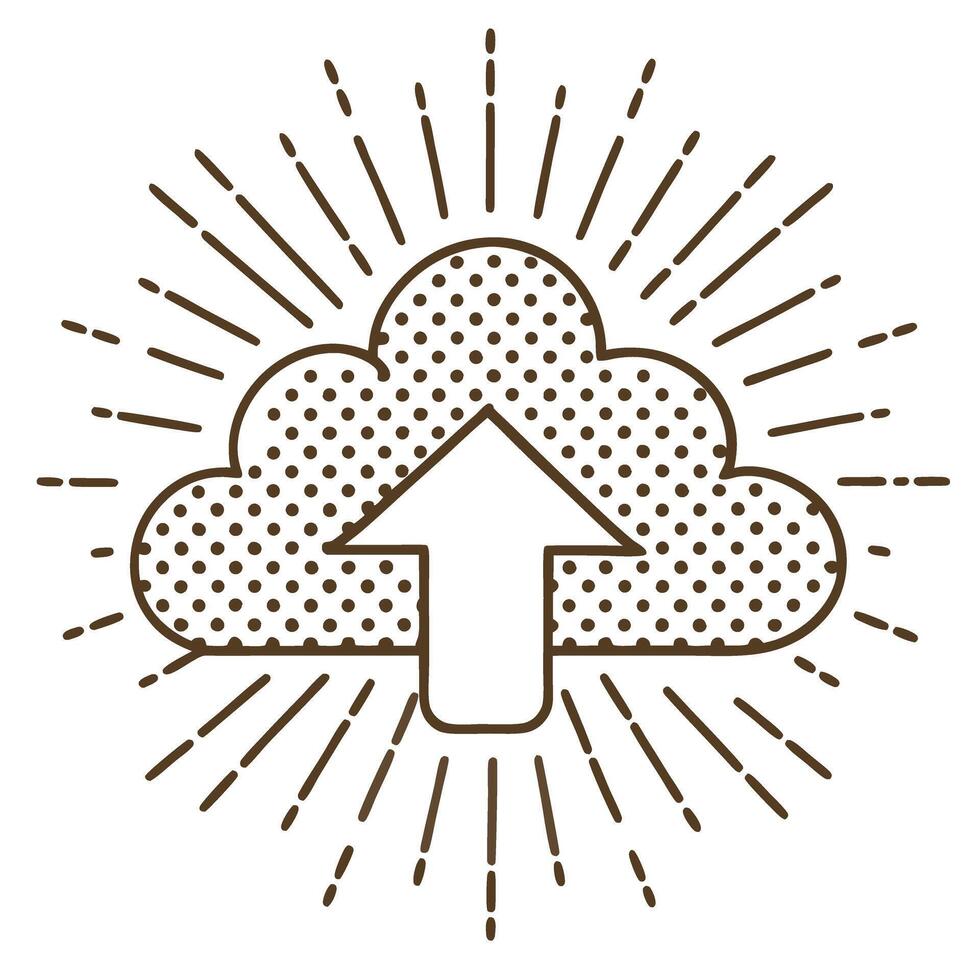 Cloud upload icon with upward arrow and sunburst rays digital data transfer, file sharing, storage concept vector