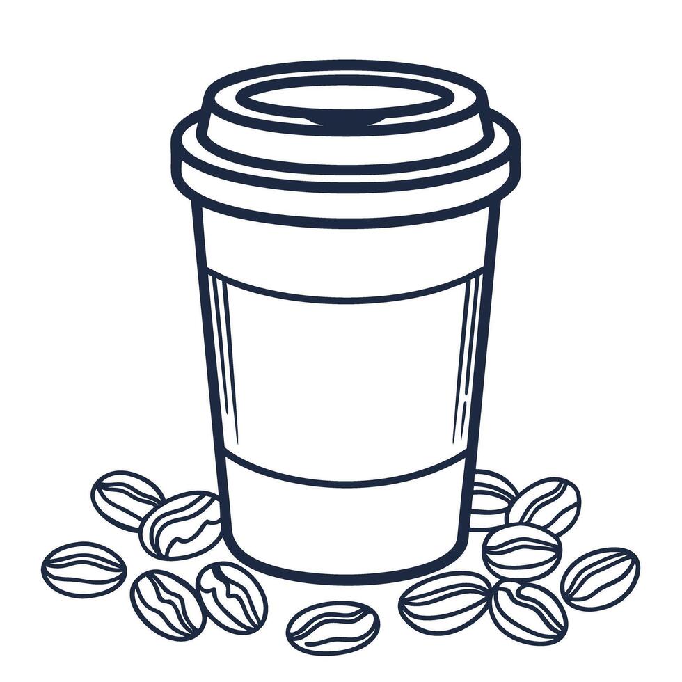 Takeaway coffee cup with lid and scattered coffee beans hot beverage container, caffeine drink concept design vector