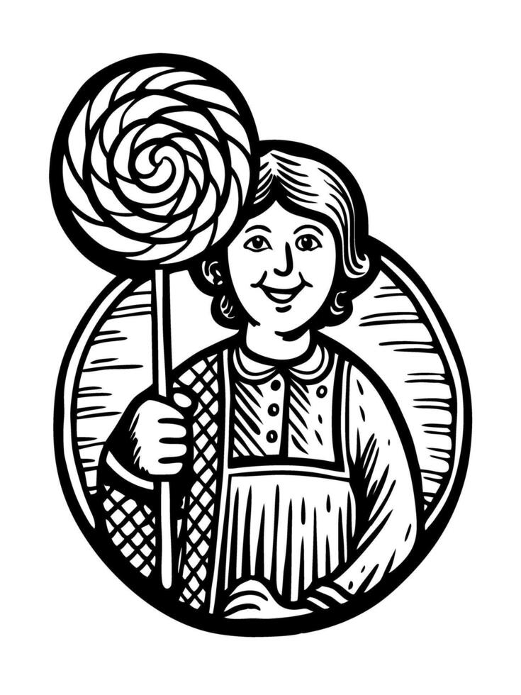 Smiling woman holding large spiral lollipop, vintage black and white illustration, sweets confectionery concept vector