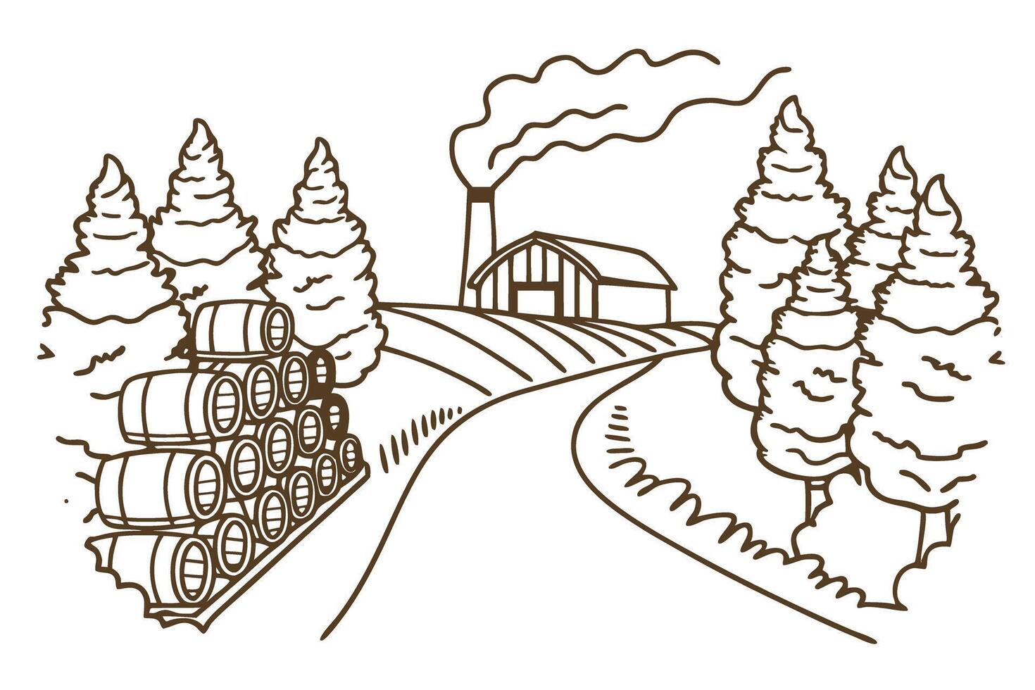 Rural distillery landscape with whiskey barrels, pine trees, factory building and smoking chimney outline scene vector