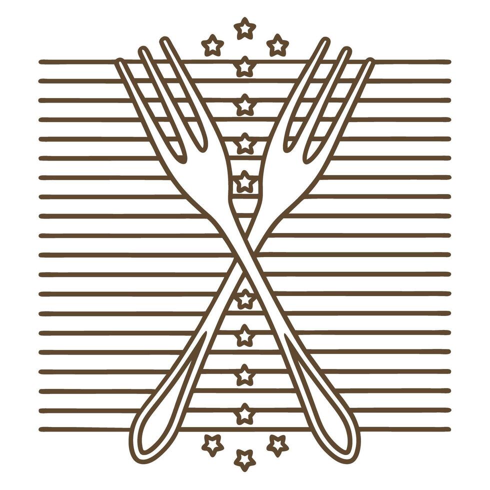 Crossed forks linear icon with stars and stripes minimal utensil design, culinary restaurant, modern food service concept vector