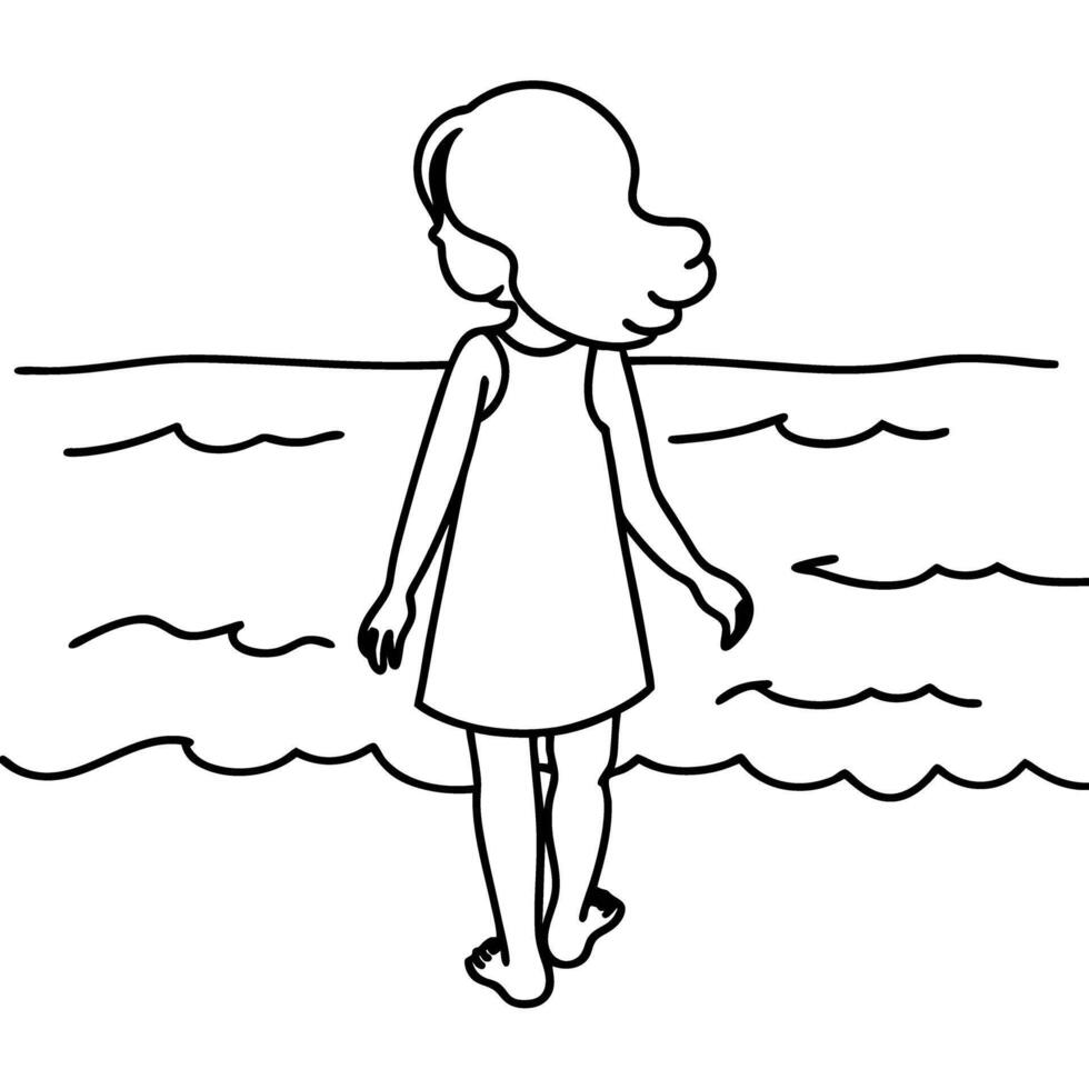 Girl standing by the sea shore, back view child looking at ocean waves, summer holiday, relaxation vector