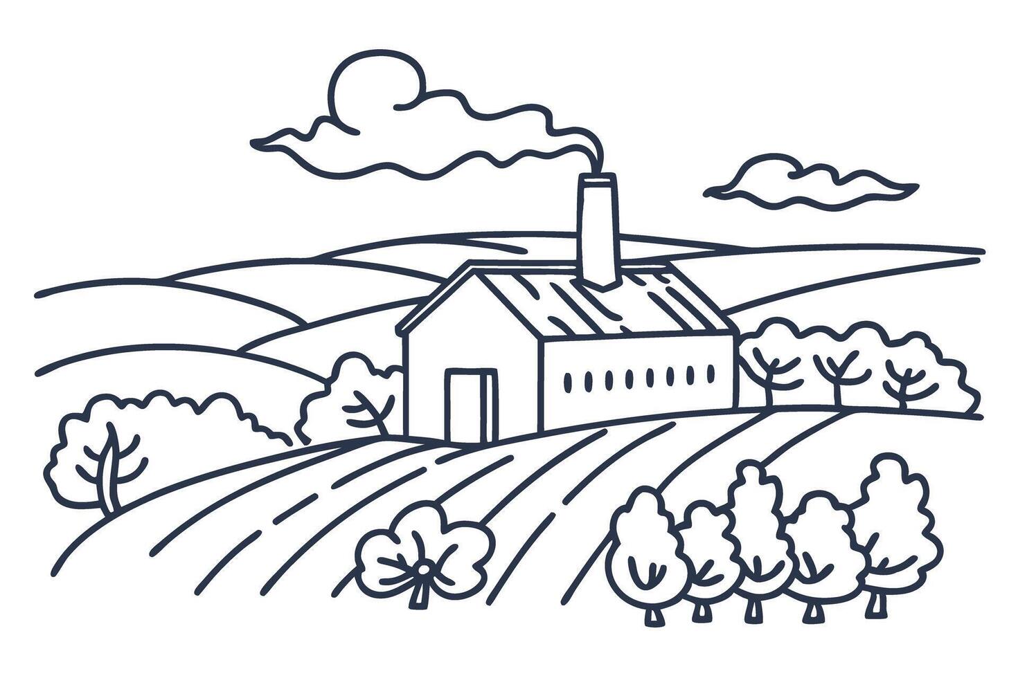 Rural farmhouse surrounded by fields and orchards countryside scene with trees, hills, and smoke from chimney vector