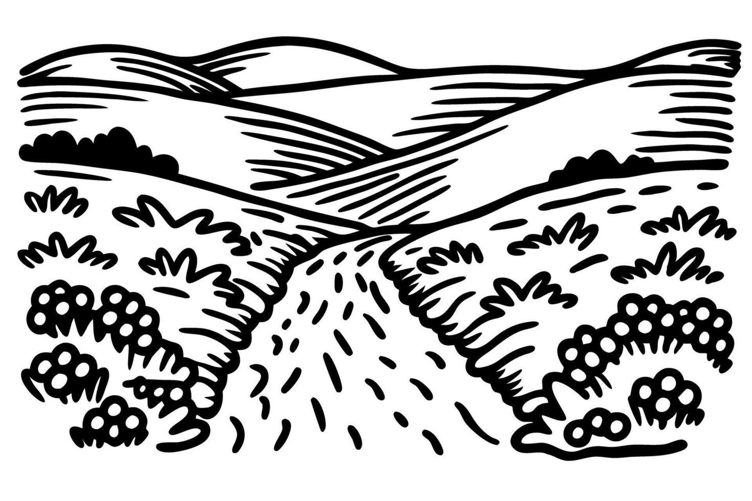 Countryside path winding through fields and hills rural landscape, scenic route with bushes and rolling terrain vector
