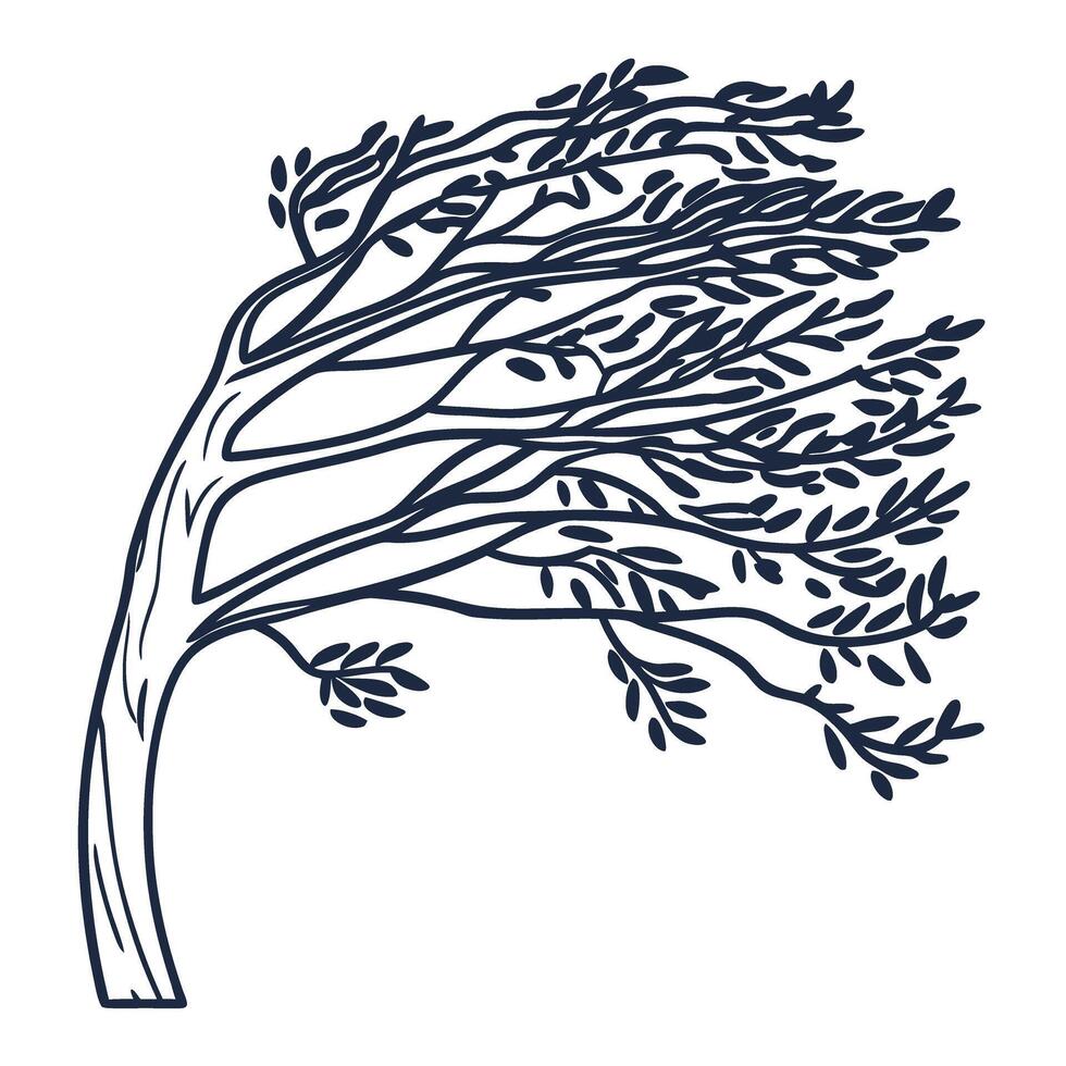 Strong wind bending tree, minimalist line art illustration nature power, resilience, climate concept vector