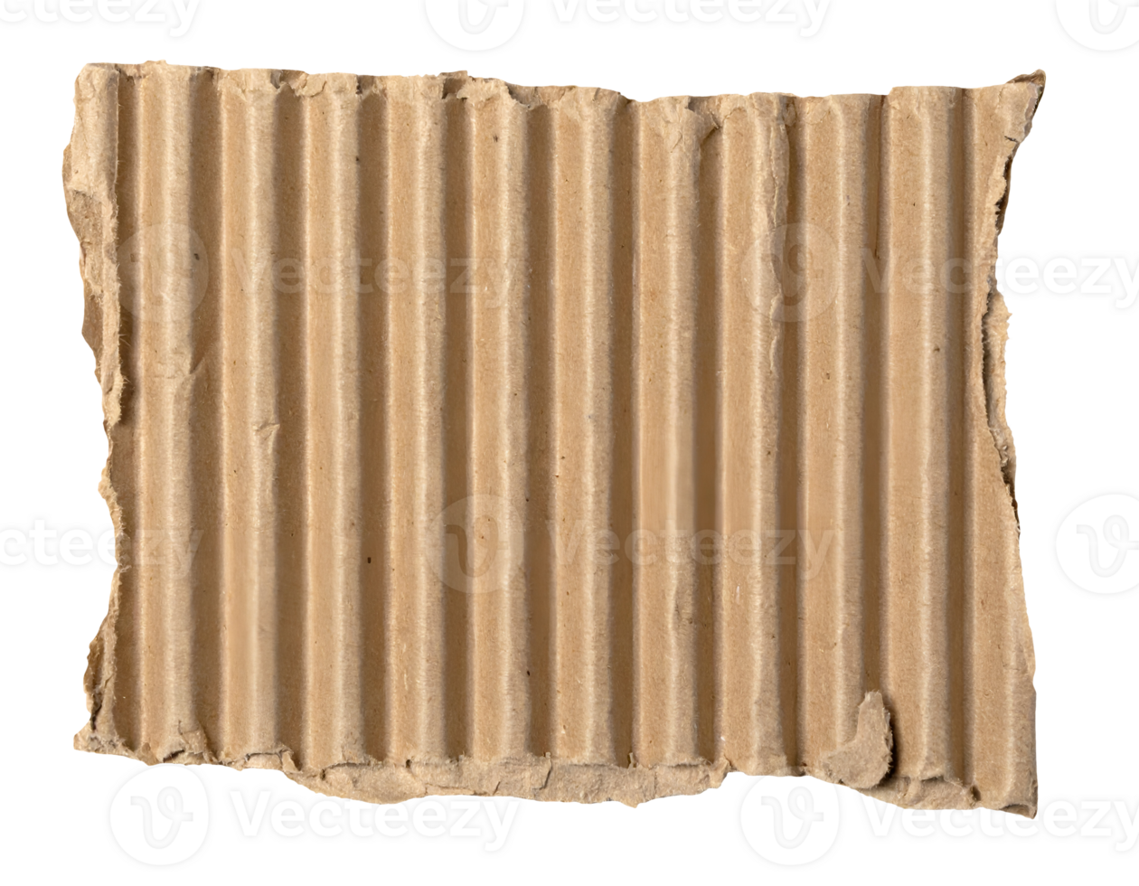 realistic ripped corrugated cardboard sheet with uneven torn edges and vertical ridged texture, brown recycled material, on isolated background png
