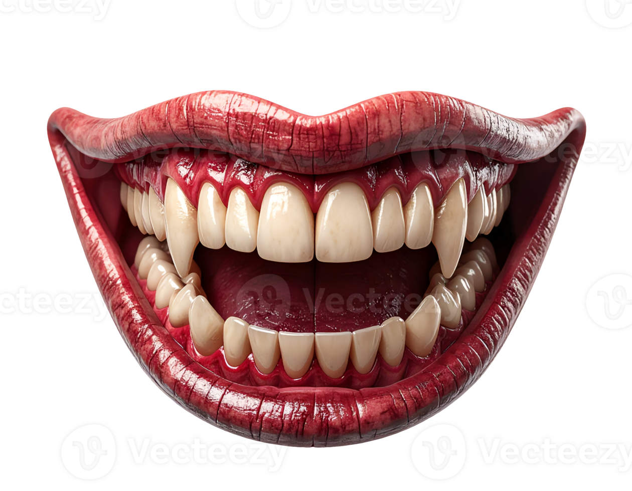 realistic wide open demonic mouth with sharp vampire teeth and bloody red lips, horror fantasy monster expression, on isolated background png